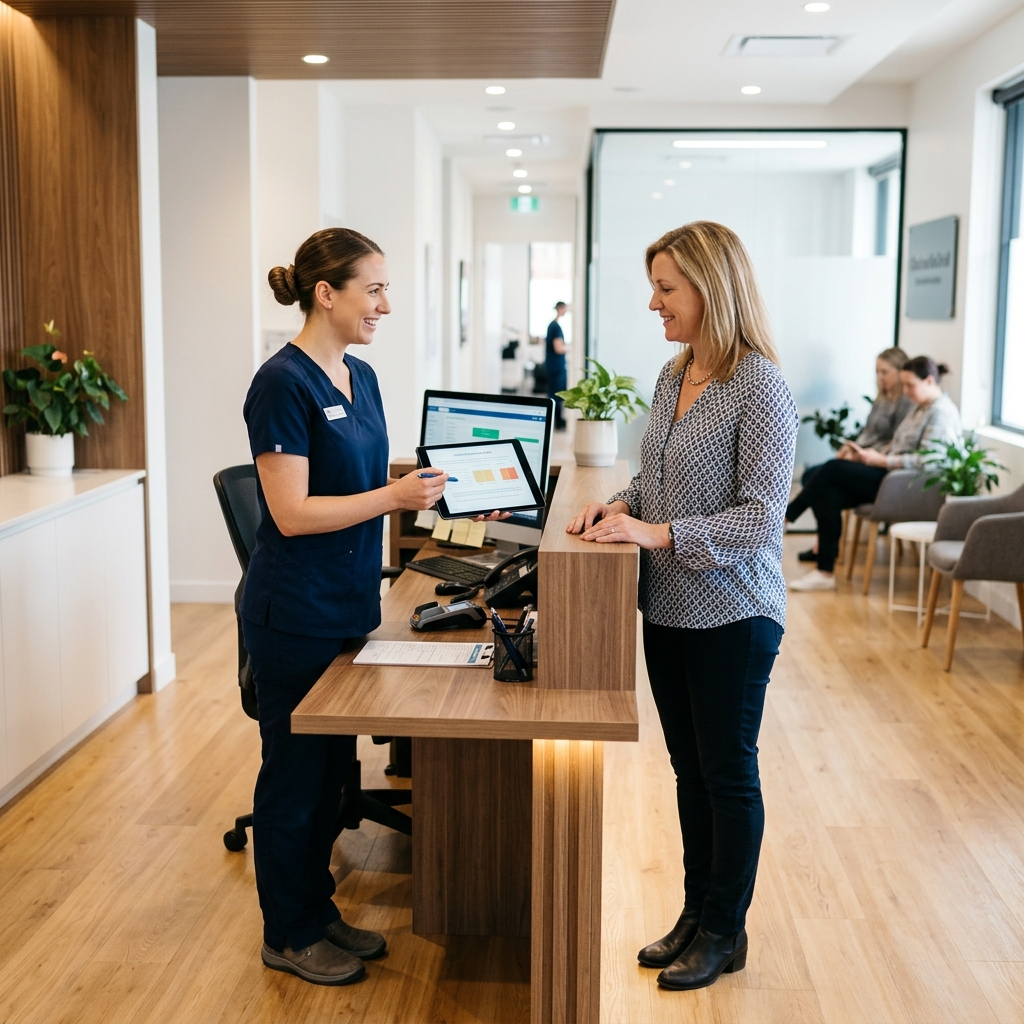 Personal administrativo de Rosa Dental asistiendo con opciones accesibles de seguro